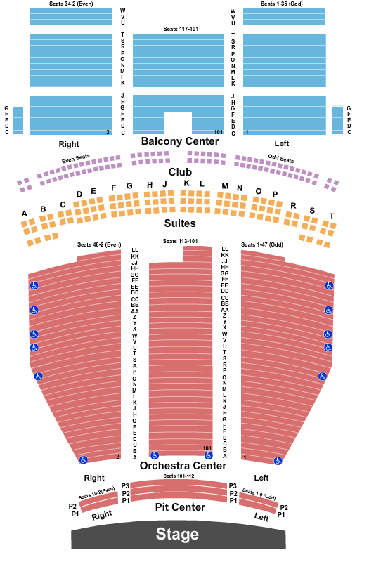 Reserved seating chart for Saenger Theatre: orchestra, boxes, mezzanine, and balcony
